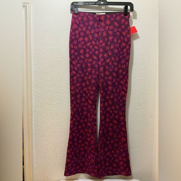 Anthropologie Knit Flare Pants Plum Leopard Print XXS - Picture 4 of 11